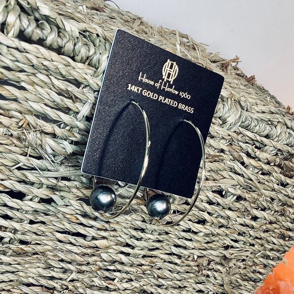 NEW House of Harlow 1960 14kt Gold Plated Brass Two Tone Demi Hoop Earrings - Picture 1 of 5